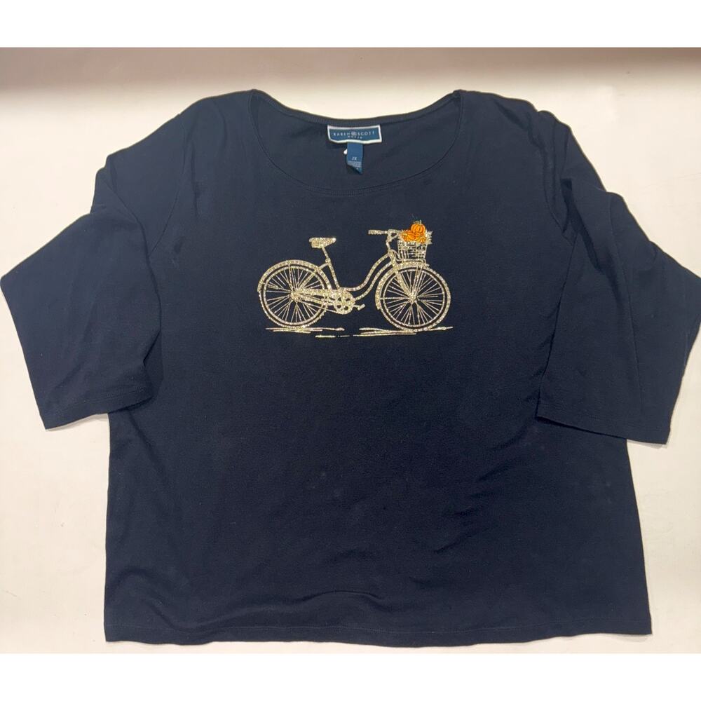 Karen Scott Woman Bicycle & Pumpkin Fall Graphic 3/4 Sleeve Tee Women’s 2X